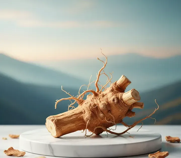 A forked woody root on a marble pedestal
