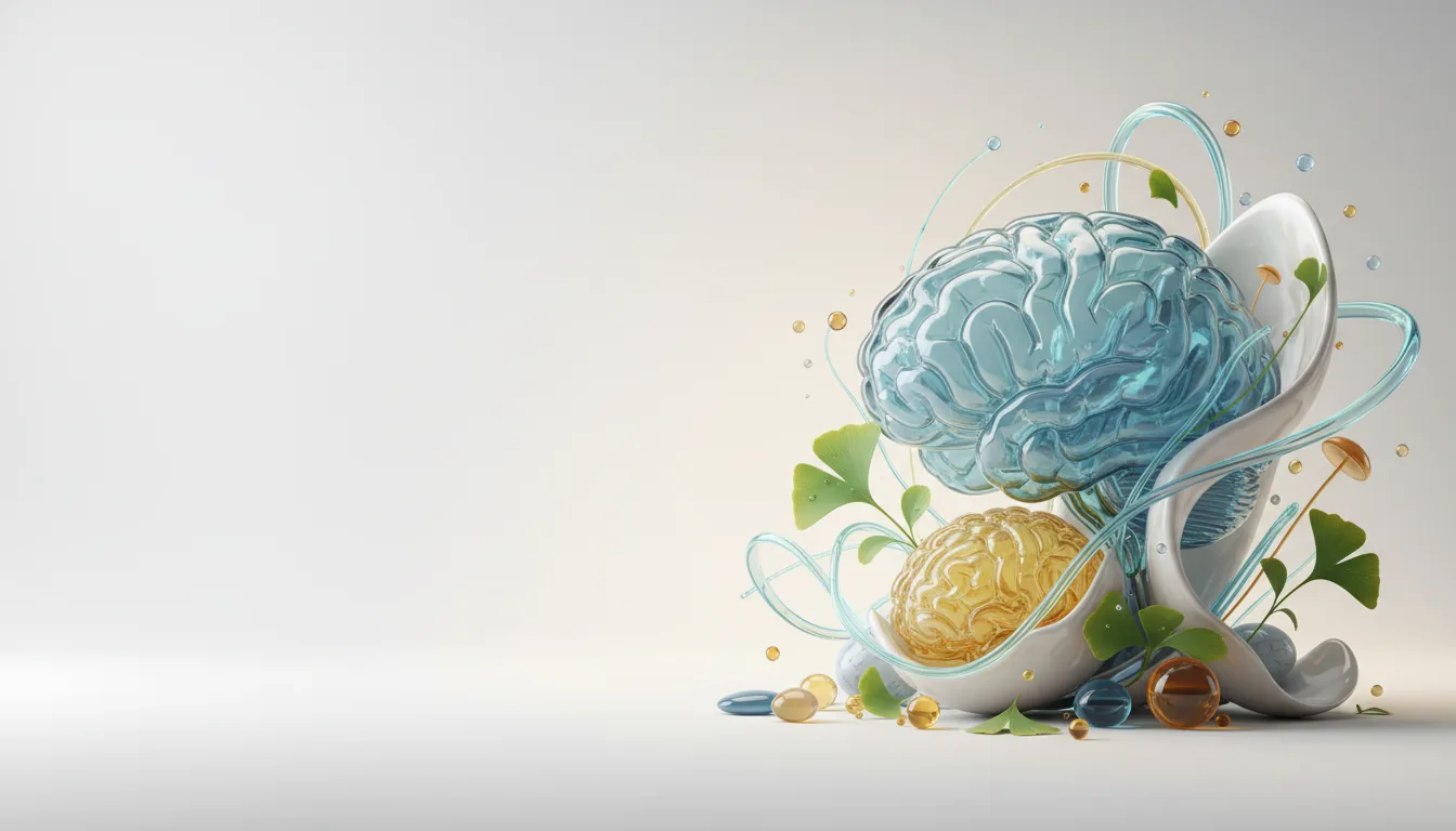 A glass brain sculpture beside capsules and green leaves