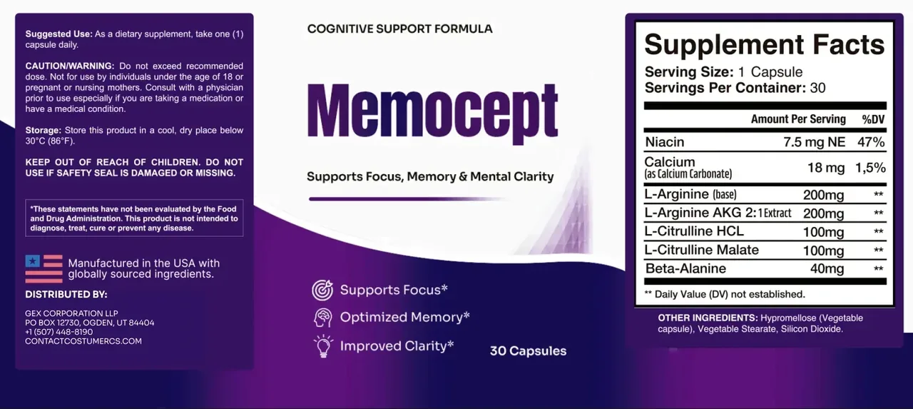 Memocept supplement facts panel with directions and warnings